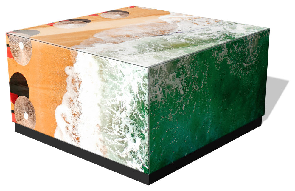 "Beach Bliss I" Reverse Printed Art Glass Cocktail Table with Black Plinth Base