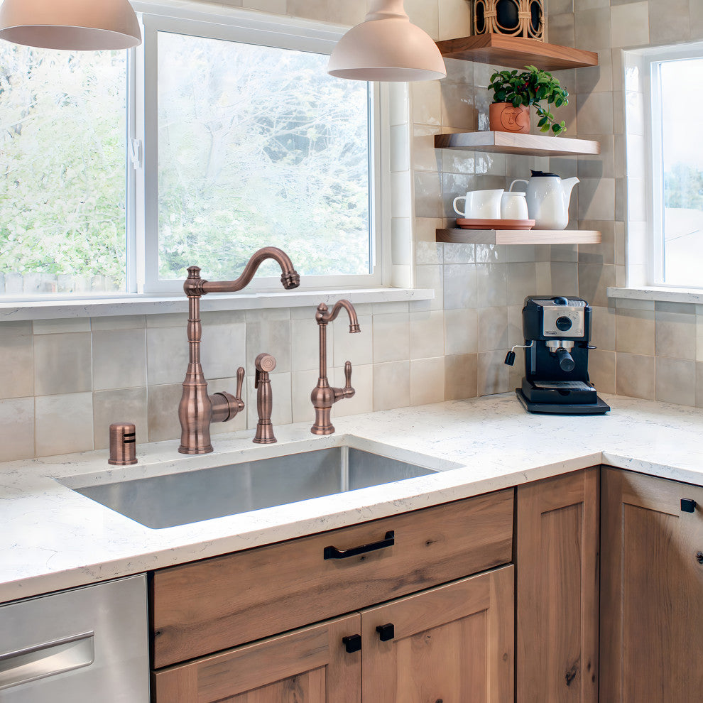 One-Handle Copper Widespread Kitchen Faucet with Side Sprayer, Antique Copper