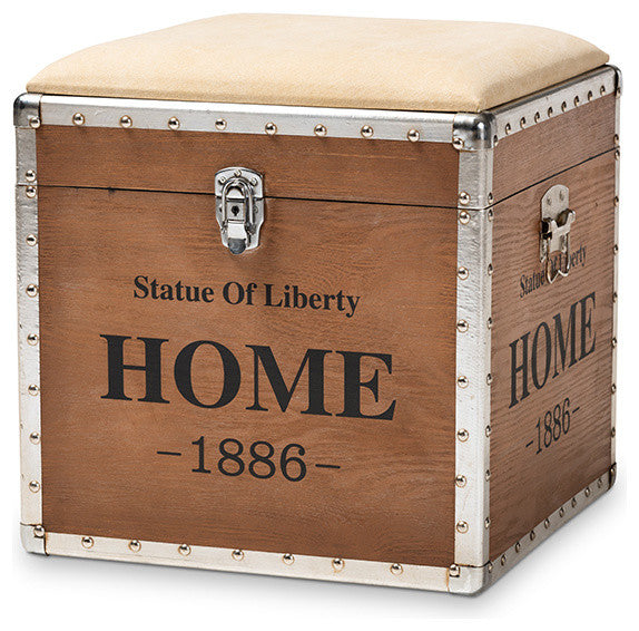 Violetta Vintage Industrial Beige Upholstered Wood Storage Trunk Ottoman