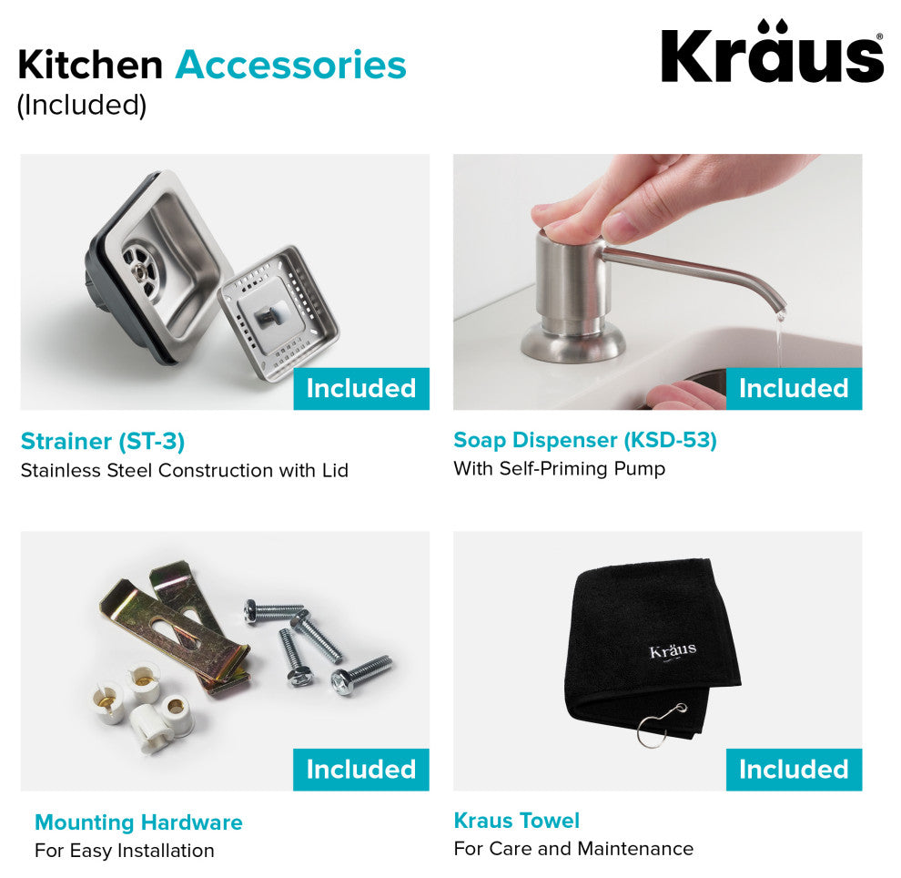 24" Undermount Stainless Steel Kitchen Sink, Pull-Down Faucet SS, Dispenser