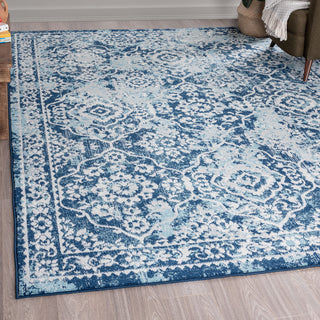 Tiera Transitional Damask Blue & Cream Rectangle Area Rug, 5'x7'