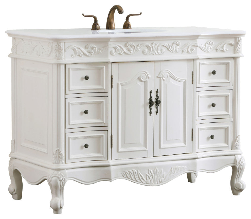 42" Single Bathroom Vanity, Antique White With Ivory White Engineered Marble, Antique White, 48