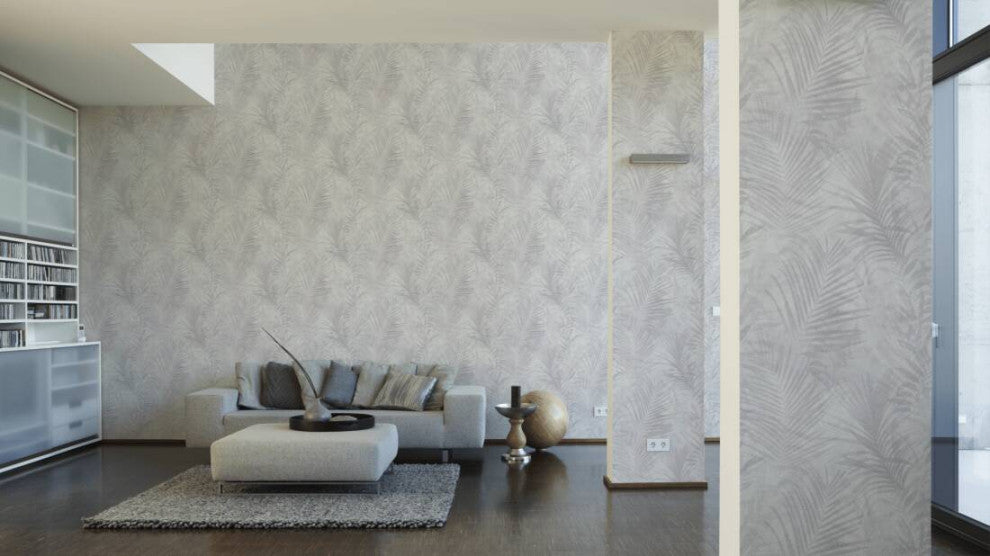 Floral Textured Wallpaper, Palm Tree Leaves, 374115, Gray Silver, 1 Roll