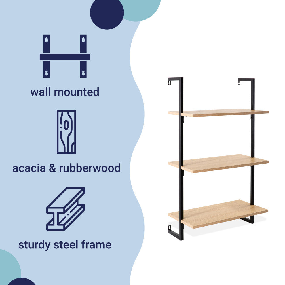Madera Industrial 3-Shelf Wood Wall-Mounted Open Ladder Bookcase, Metal Frame