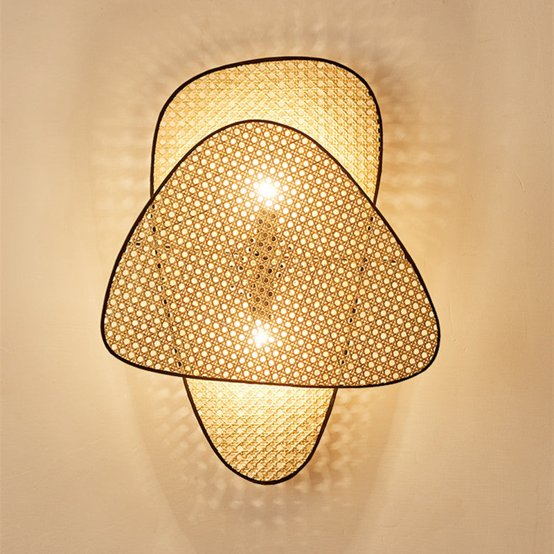 French Designer Wall Lamp with Hand Made Rattan Wicker for Bedroom, Double Head, Warm Light