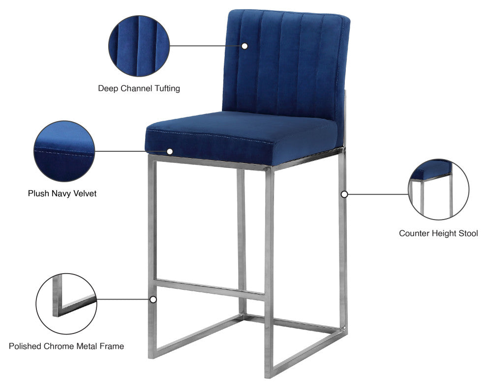 Giselle Velvet Counter Stool, Navy, Chrome Base