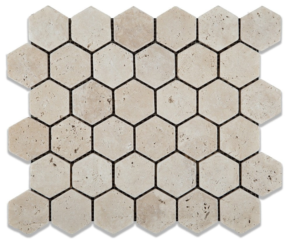 Ivory Travertine Tumbled 2'' Hexagon Mosaic Tile