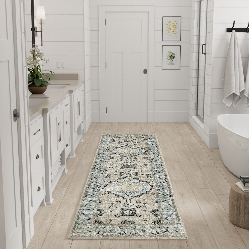 Nourison Washable Decor 2' x 6' Taupe Blue Vintage Indoor Rug