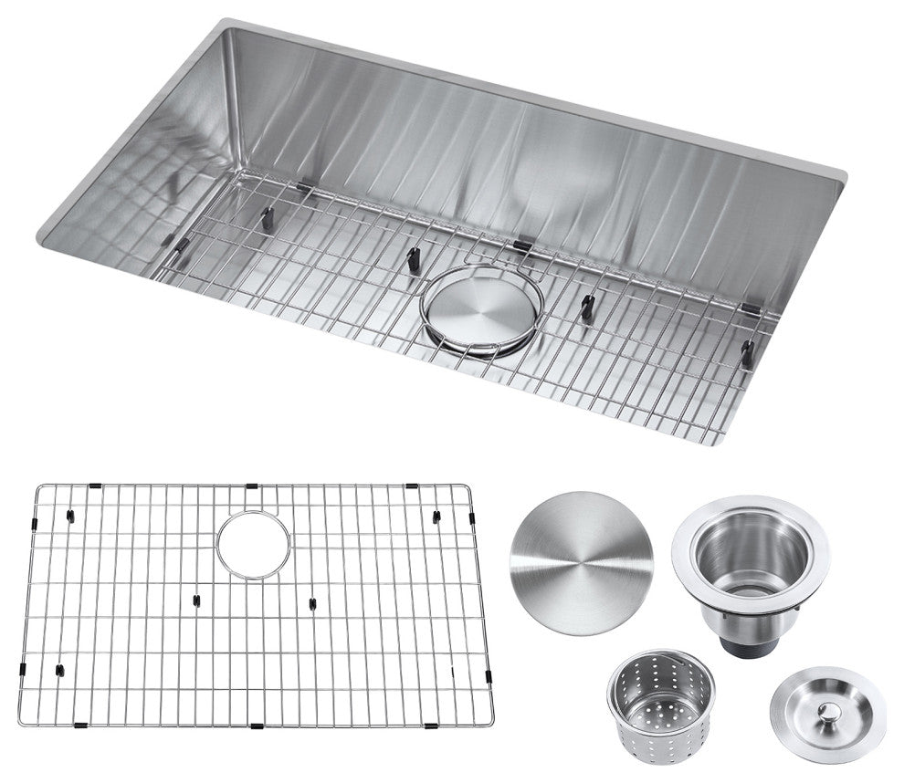 30"Undermoun Kitchen Sink and Drain Assembly  Strainer, Protective Bottom Grid