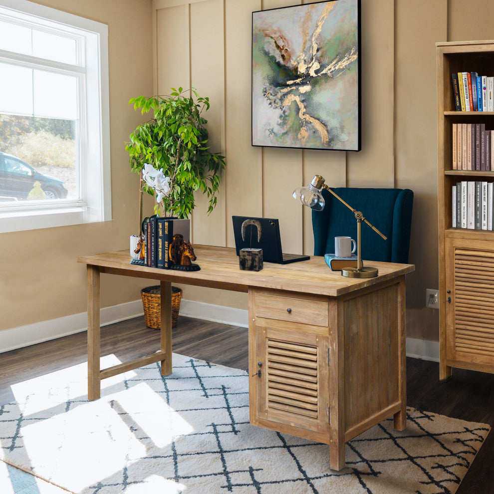 Recycled Teak Wood Louvre Writing Desk with 1 Door & Drawer