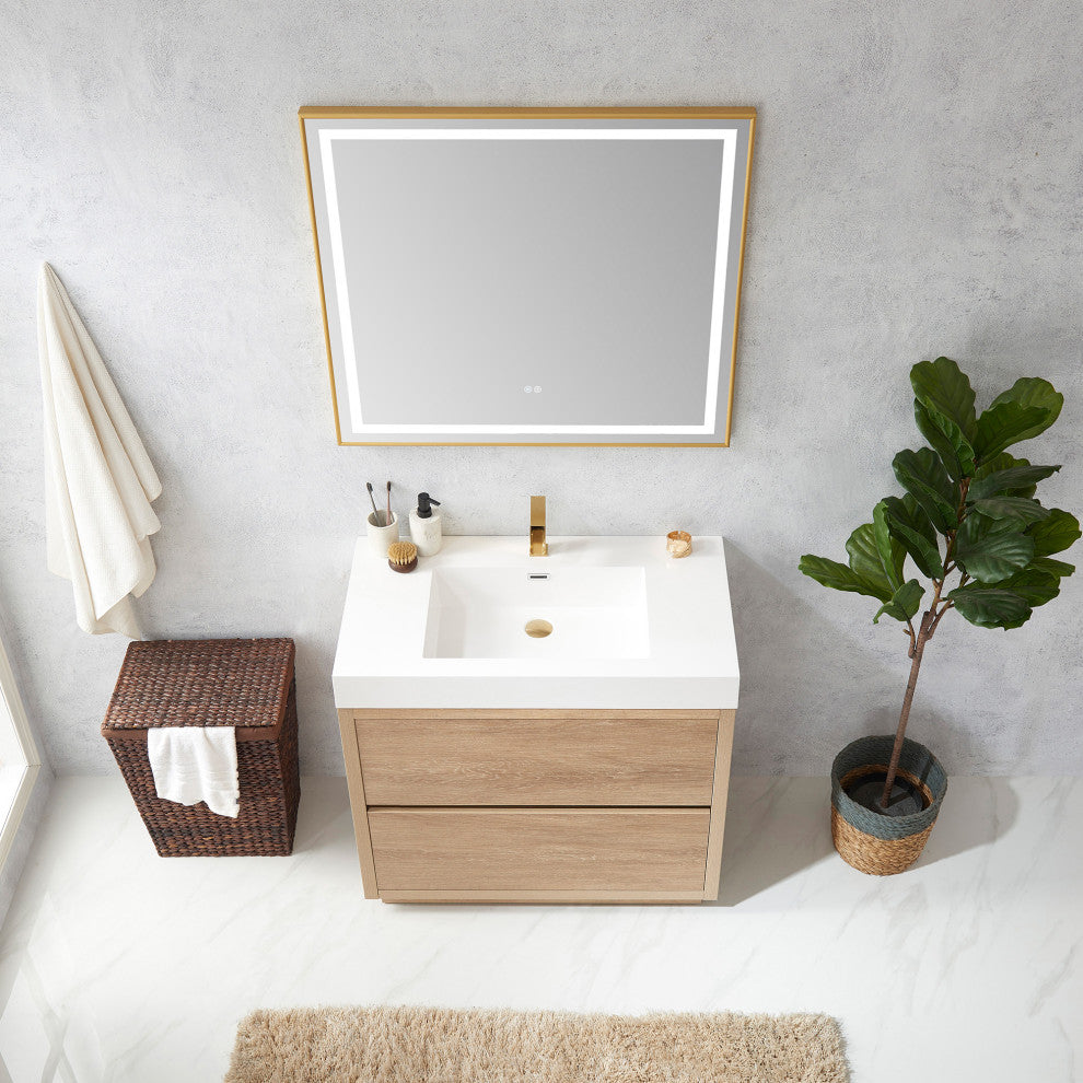 Huesca Bath Vanity, Integrated Sink Top, North American Oak, 36", With Mirror
