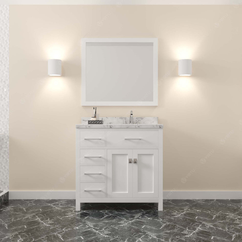 Caroline Parkway 36" Bath Vanity, White With Marble Quartz Top