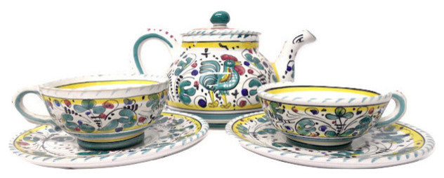 Deruta Labor Ceramiche Galletto Green Teapot and 2 Tea Cups with Saucers