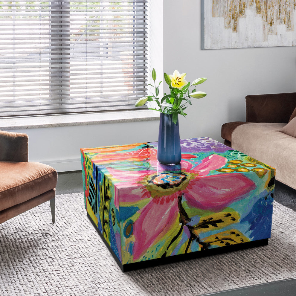 "Secret Garden Floral II" Printed Glass Cocktail Table with Black Plinth Base