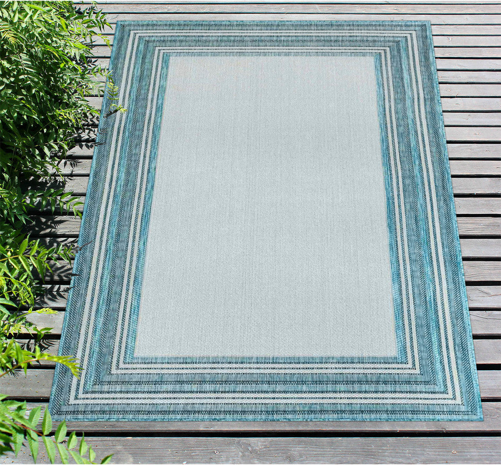Carmel Multi Border Indoor/Outdoor Rug, Aqua, 3'3"x4'11"