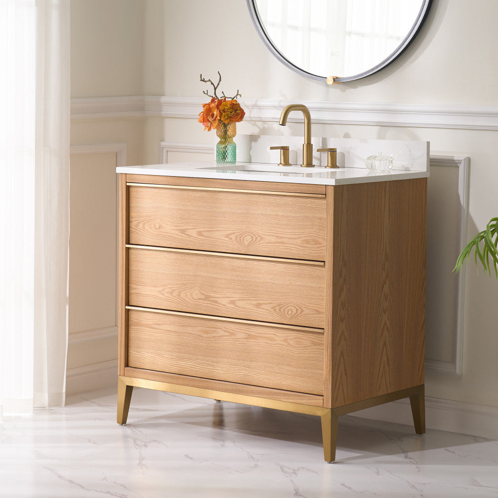 Nolan Freestanding Bathroom Vanity with Quartz Top, Light Oak, 36"