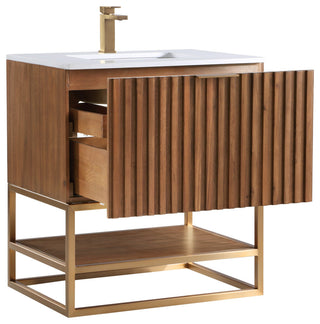 Terra Bathroom Vanity, Walnut/Satin Brass With White Quartz, 30", White Quartz Top