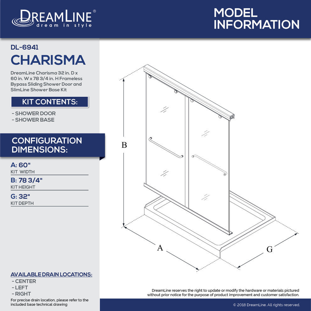 DreamLine Charisma 32x60x78 3/4 Bypass Shower Door Chrome, LD Biscuit Base