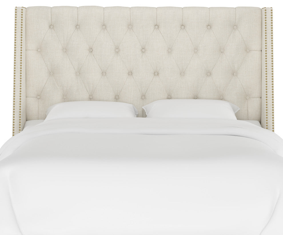 Williams Full Nail Button Wingback Headboard, Linen Talc