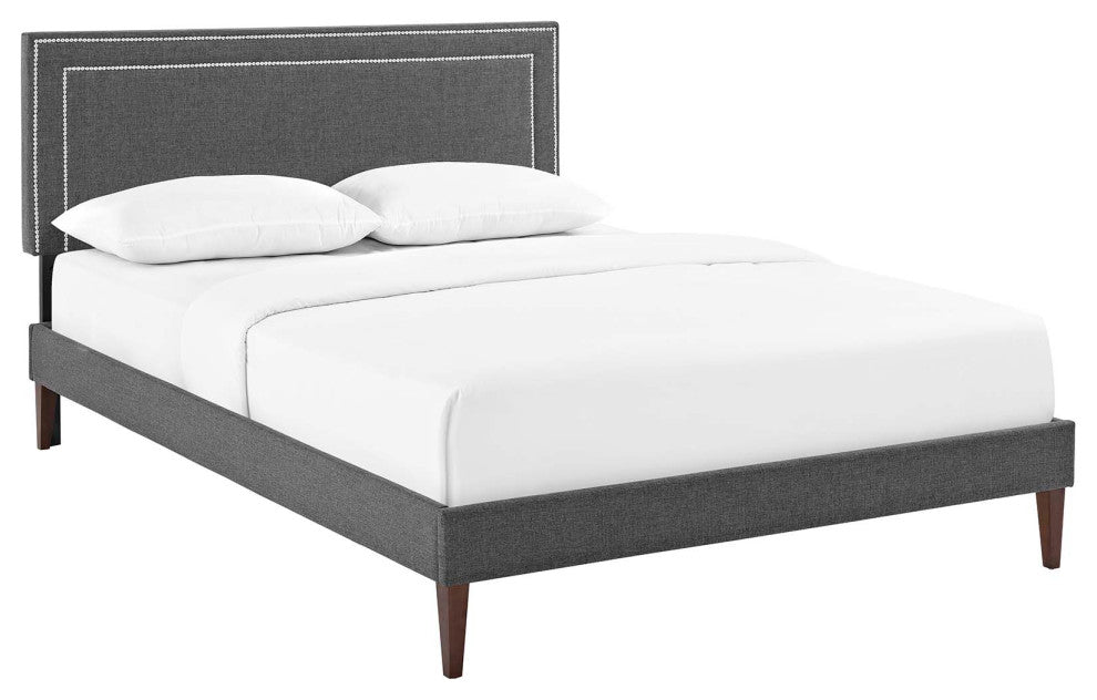 Virginia Queen Upholstered Fabric Platform Bed With Squared Tapered Legs, Gray