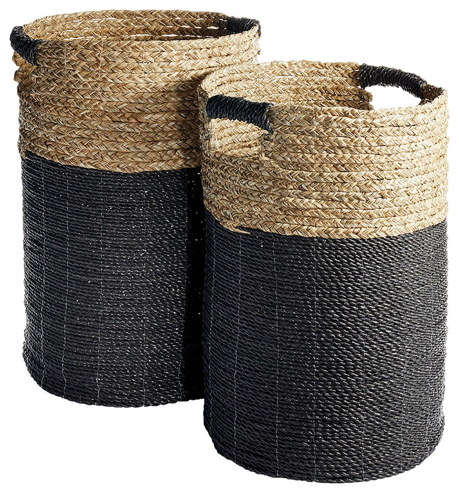 Set 2 Contemporary Casual Natural Black Round Tall Tote Baskets Handles Large