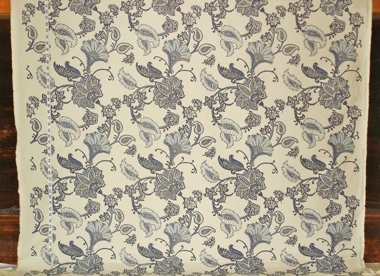 Blue Paisley Indienne Fabric Gray Handprint, Sample Cut