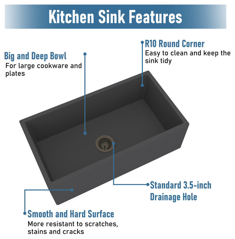 33in Single Bowl Farmhouse Apron Kitchen Sink with Bottom Grid and Drainer, Black Earth