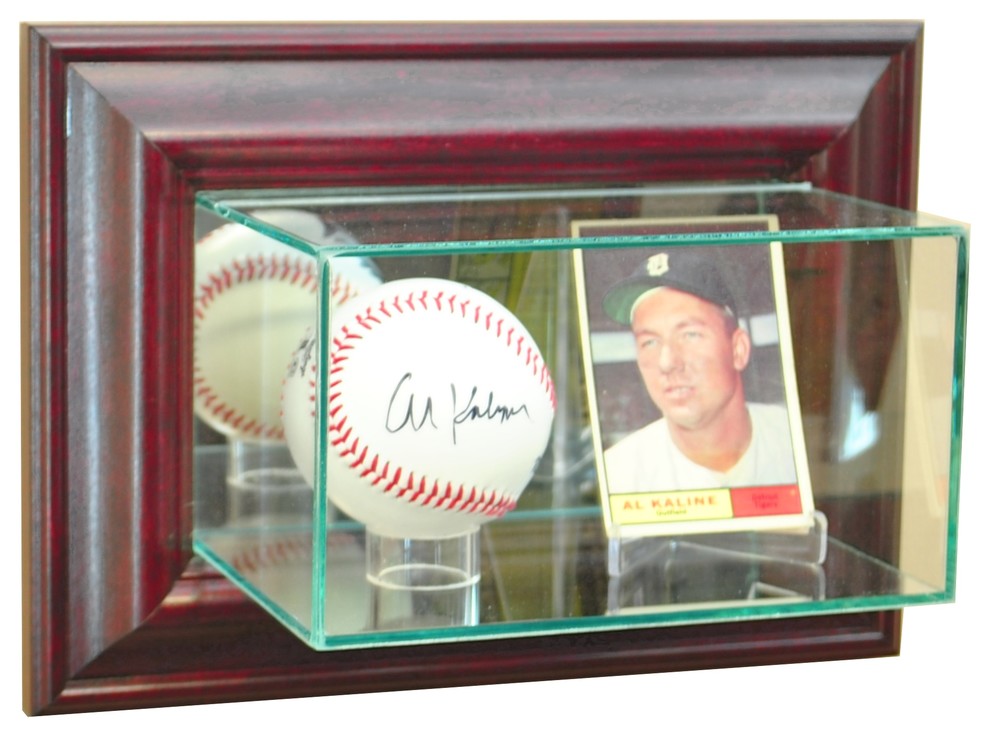 Wall Mounted Card and Double Baseball Display Case, Cherry