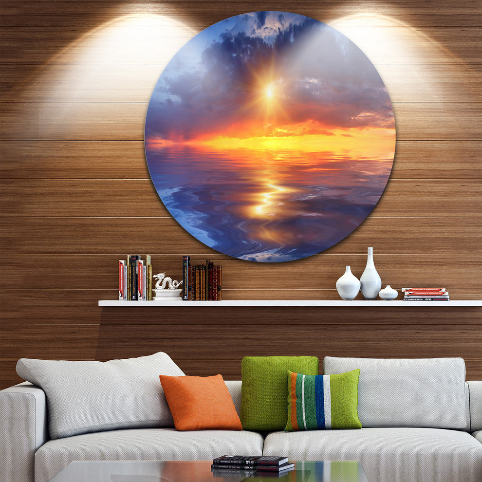 Cloudy Sunset Reflection In Lake, Skyscape Disc Metal Wall Art, 23"