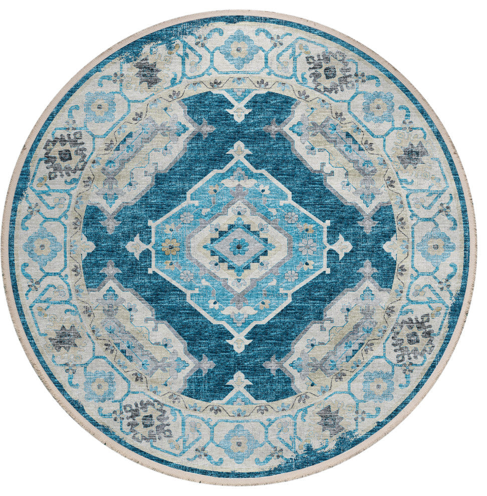 Indoor/Outdoor Marbella MB1 Indigo Machine Washable 6' x 6' Round Rug