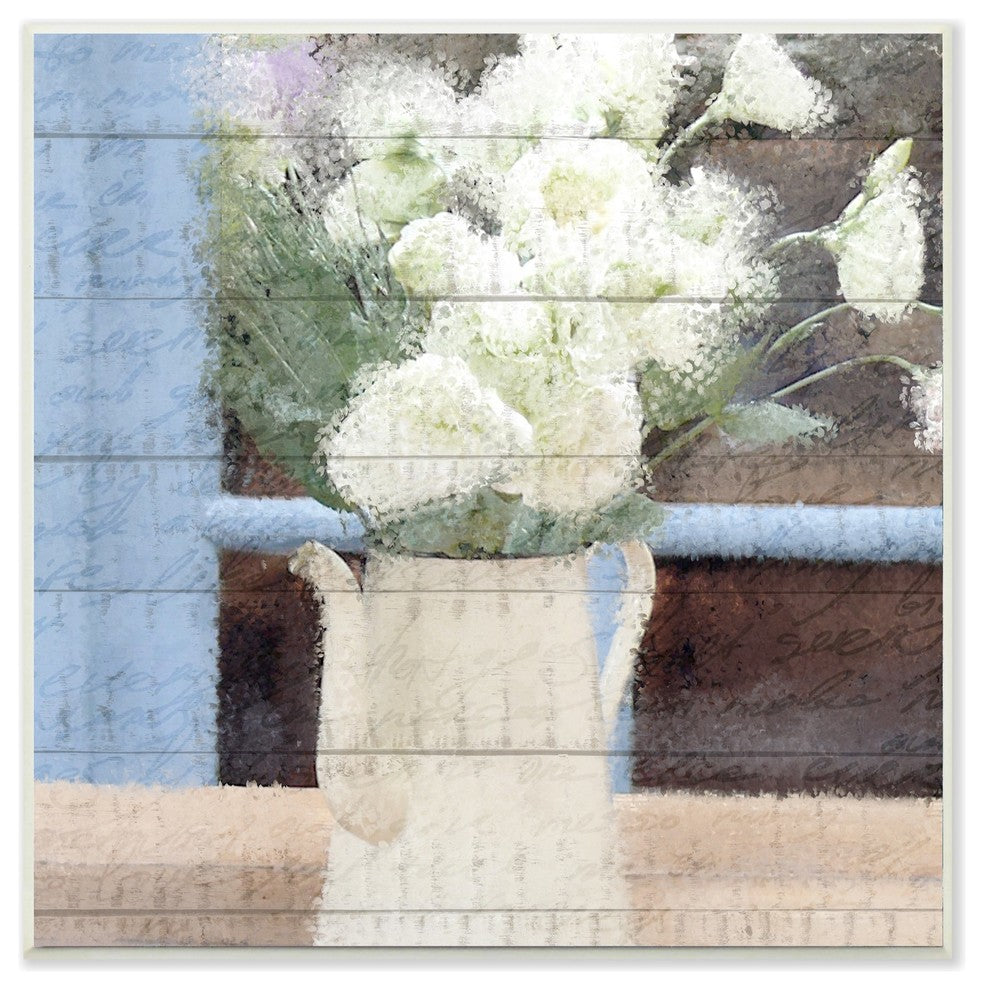 Painted Watercan & White Flowers on Planked Wood Wall Plaque Art, 12"x12"