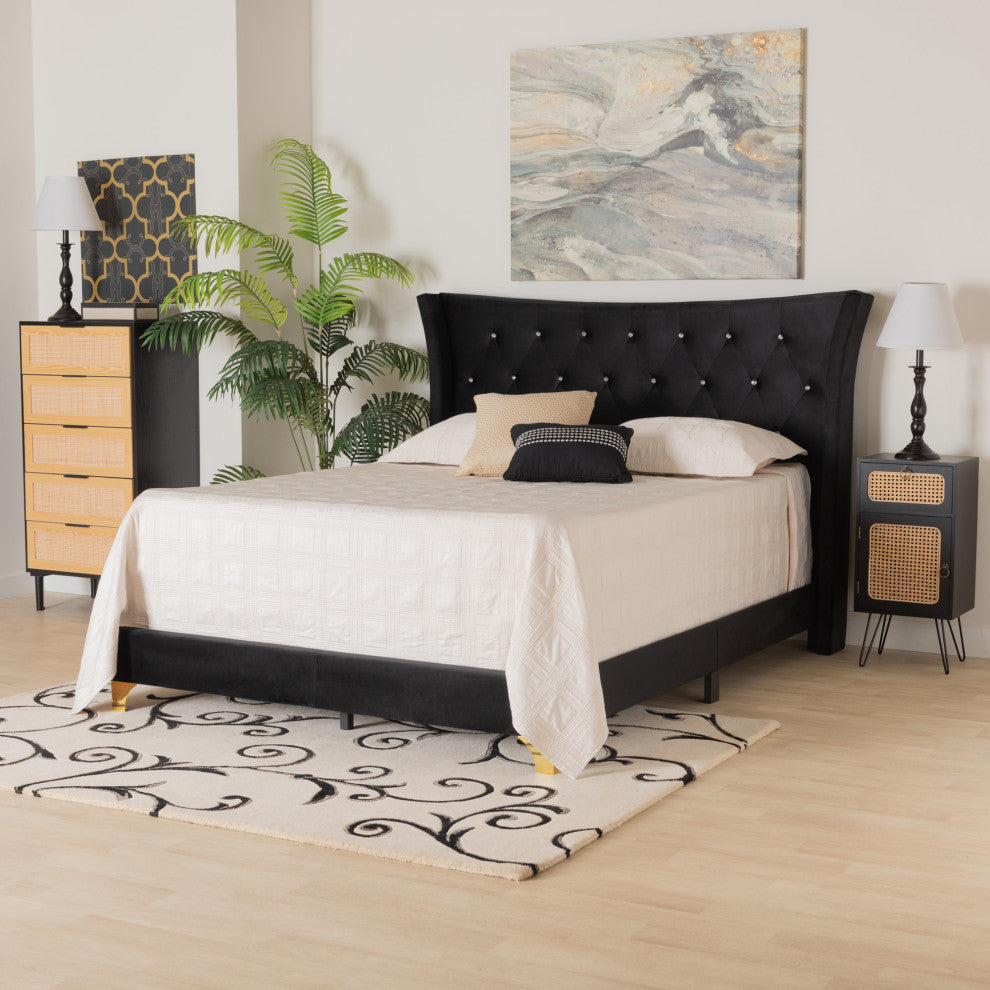 Fae Velvet Queen Size Panel Bed, Black/Gold