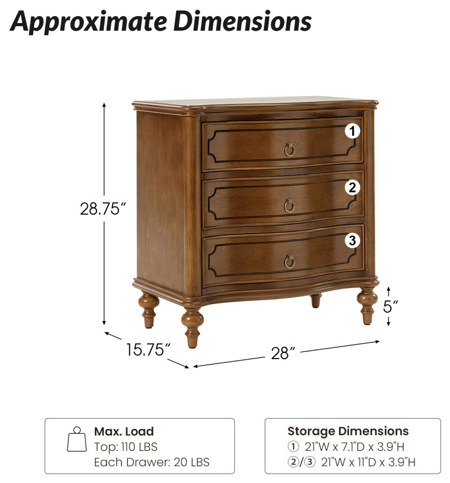 3-Drawer Nightstand With Solid Wood Legs & Built-In Outlets, Set of 2, Seadrift