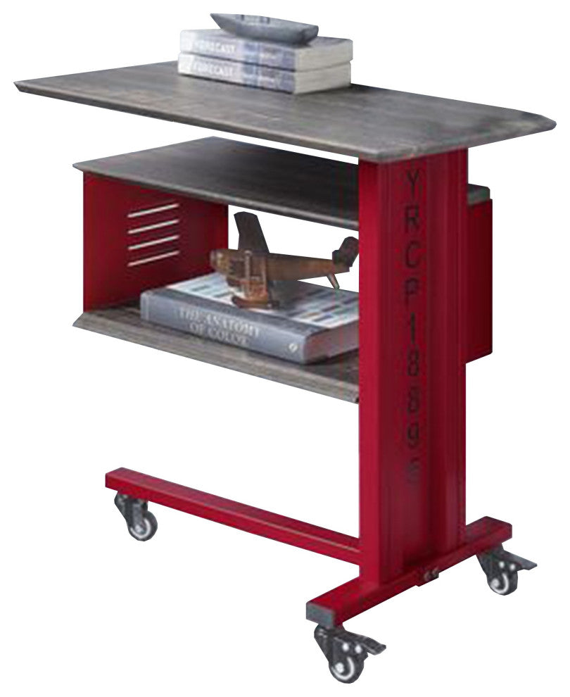 Benzara BM269579 Accent Table With Metal Cargo Style and 3 Caster Wheels, Red