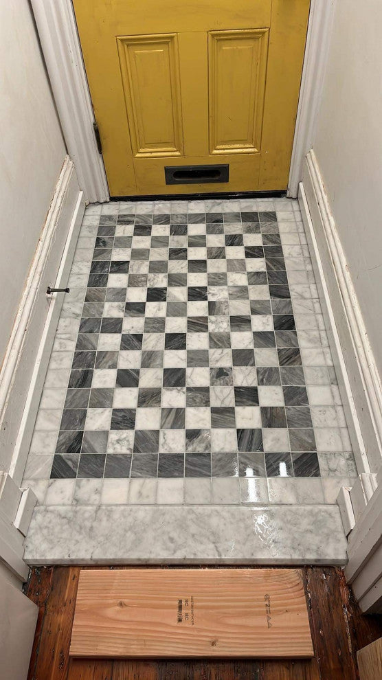 Carrara White Bardiglio Gray 3" Marble Checkerboard Mosaic Tile Polish, 1 sheet