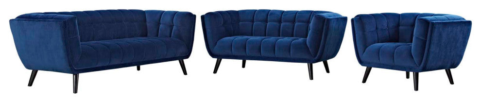 Bestow 3-Piece Velvet Sofa Loveseat and Armchair Set Navy