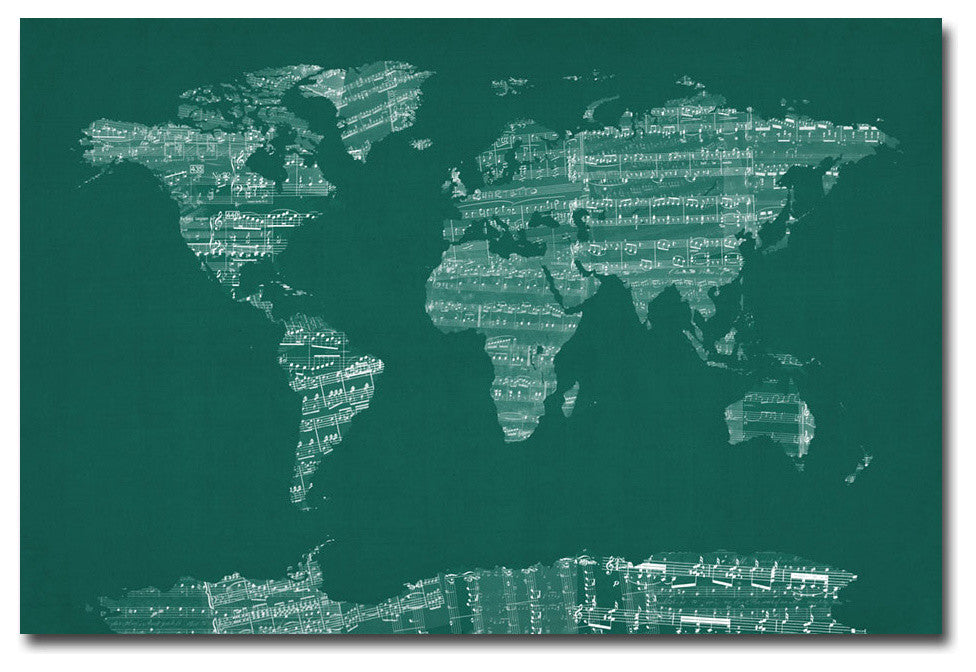 ''World Sheet Music Map in Green'' Canvas Art by Michael Tompsett