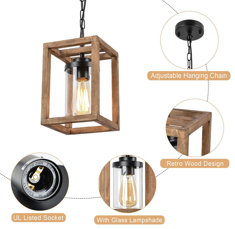 Wooden Square Pendant Lighting Fixtures Cage Swag Hanging Chandelier