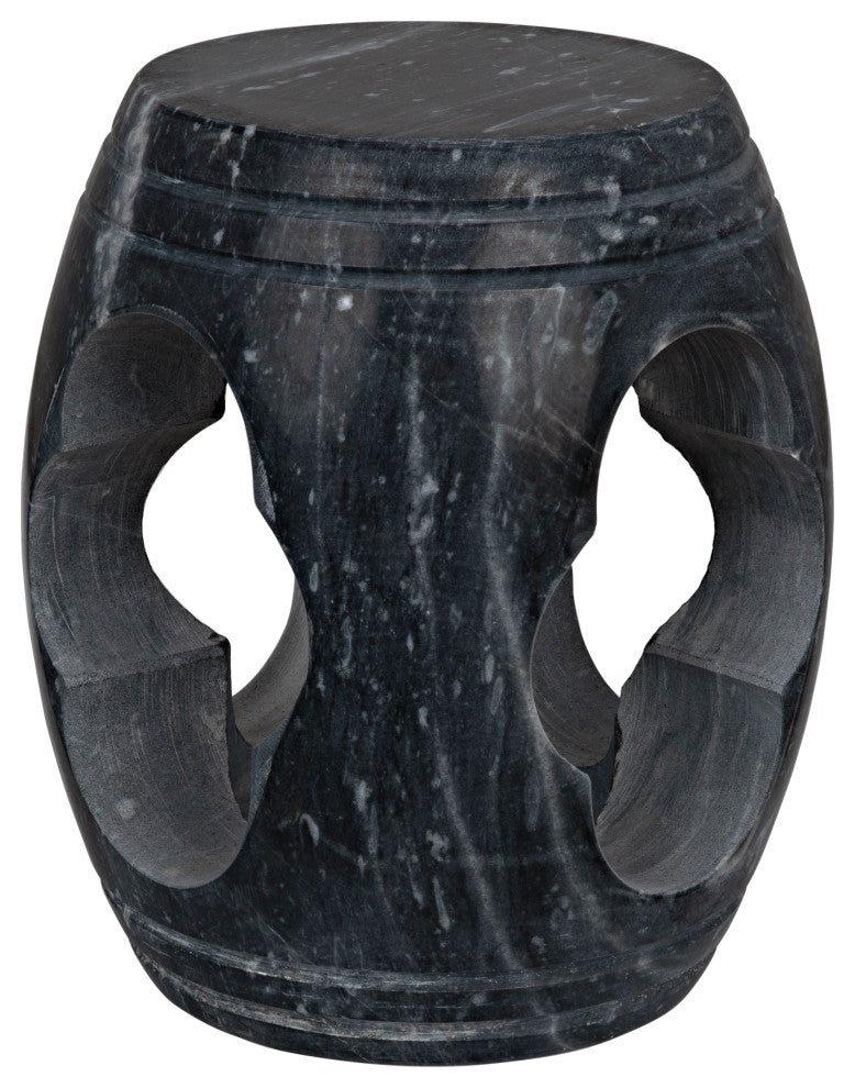 Noir Legend Handcrafted Round Side Table/Stool, Black Marble, 13.5" Dia.
