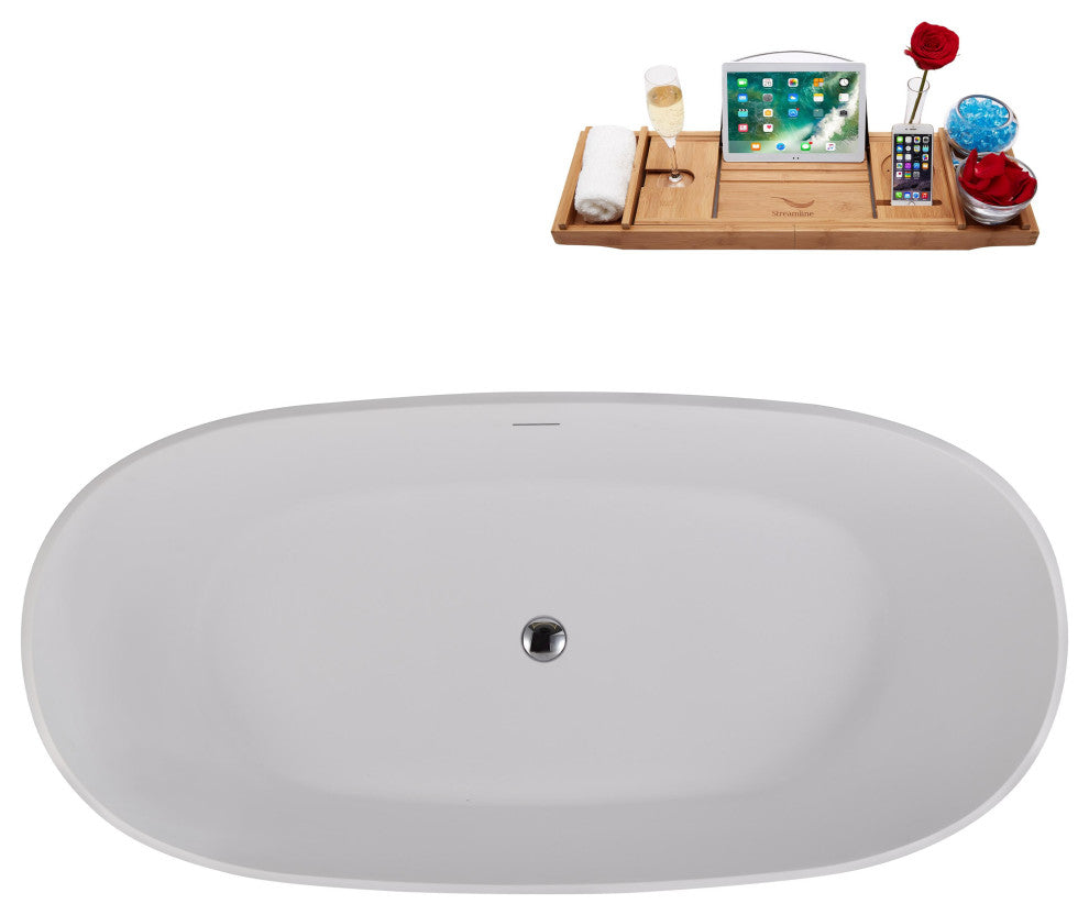 59" Streamline NS5820CH Matte White Stone Resin Bathtub, Tray With Chrome Drain