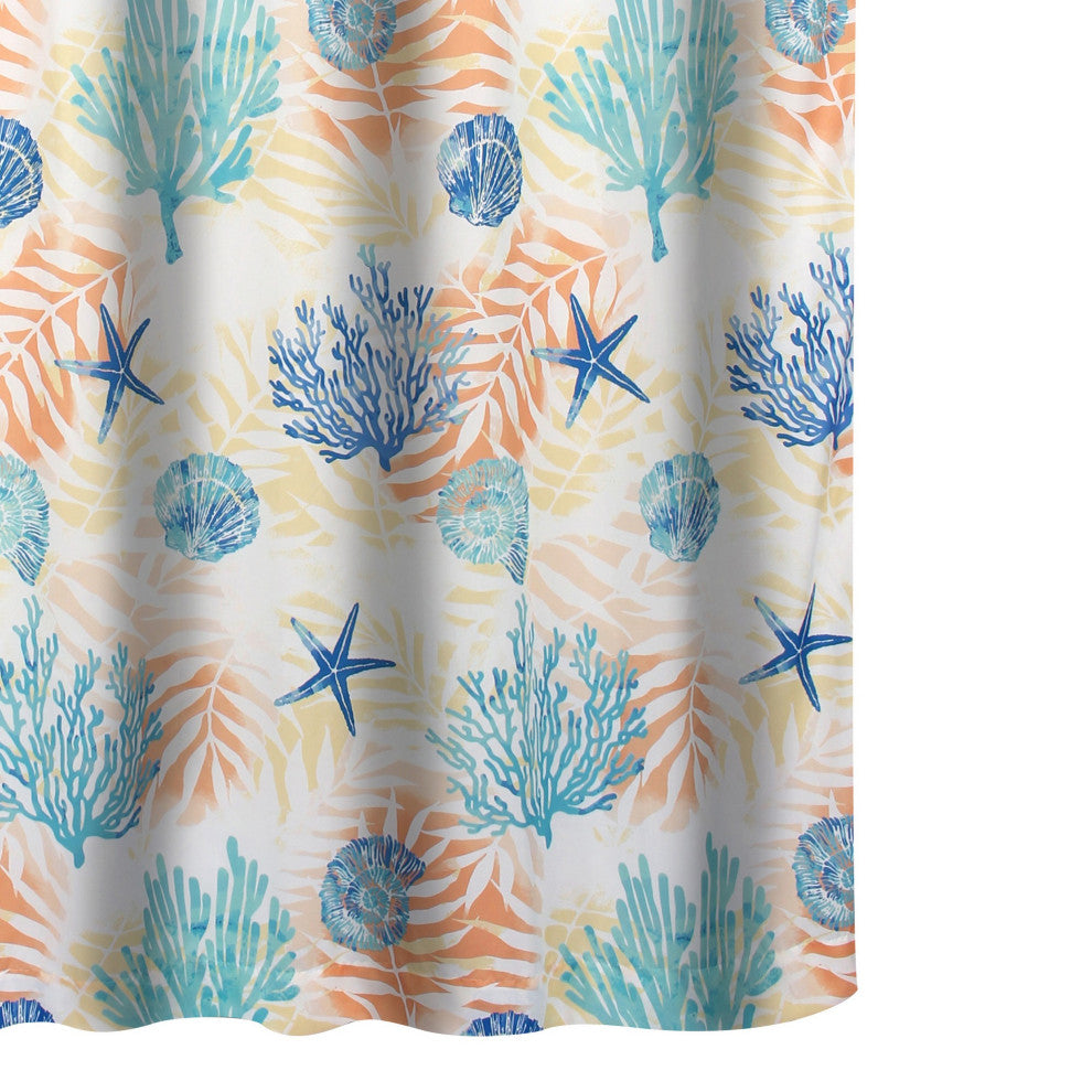 Benzara BM293438 Shower Curtain, White Blue Polyester, Seashells/Ferns Print
