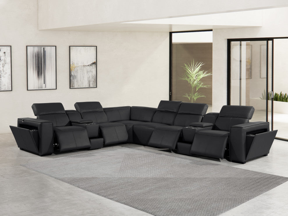 Niccolo Italian Leather 8-Piece L-Shaped Power Reclining Sectional, Black