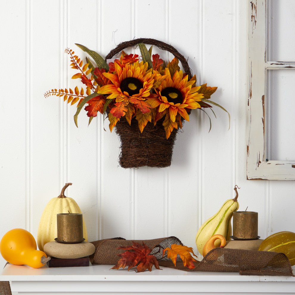 16" Fall Sunflower Artificial Autumn Arrangement, Decorative Basket