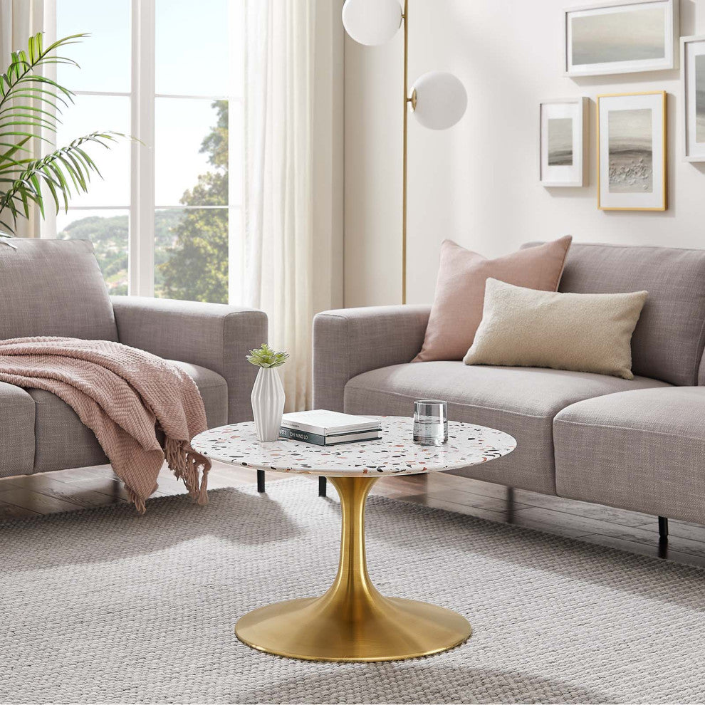 Lippa 28" Round Terrazzo Coffee Table, Gold White