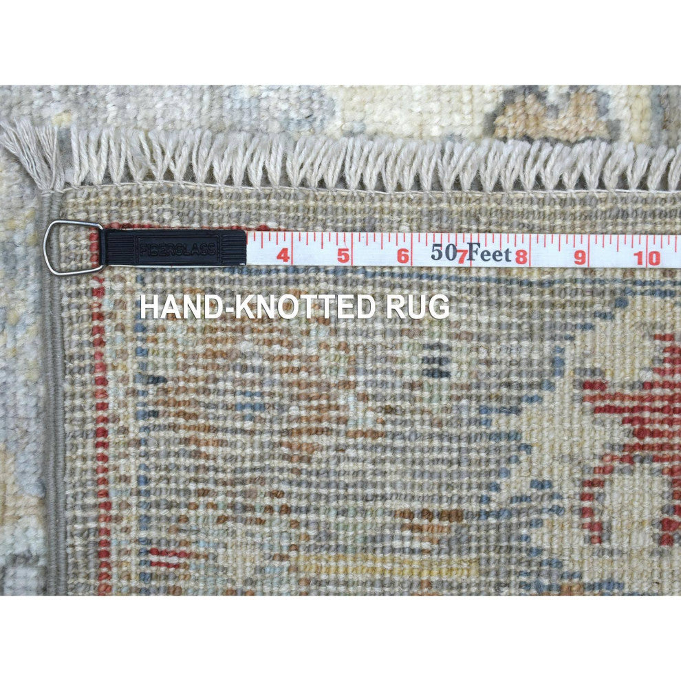 Gray Afghan Angora Oushak with Touches of Red Hand Knotted Wool Rug, 2'10"x17'0"