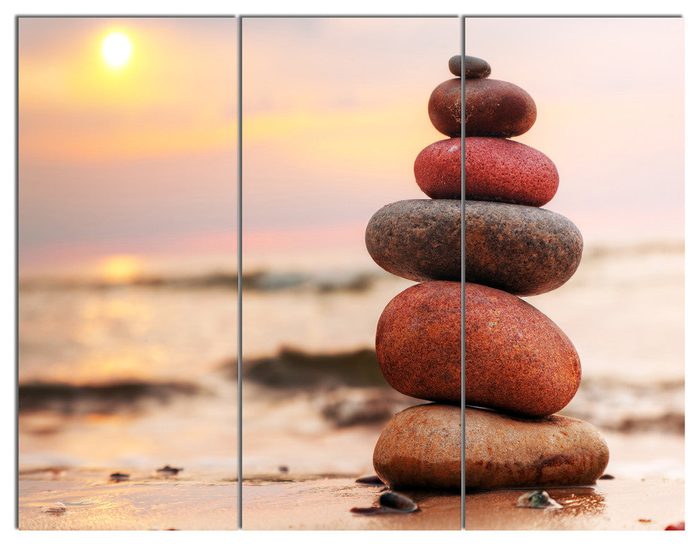 Stones Pyramid on Sand Symbolizing Zen, Landscape Canvas Print, 36x28, 3 Panels