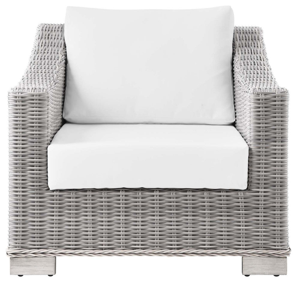 Side Chair Armchair, Rattan, Wicker, Gray White, Modern, Outdoor Patio Cafe