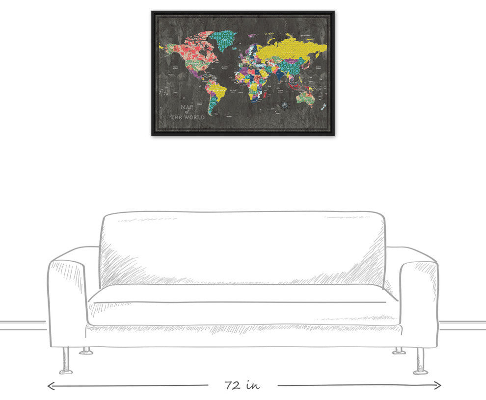 Colorful World Map Canvas Wall Art, 24"x36", Framed