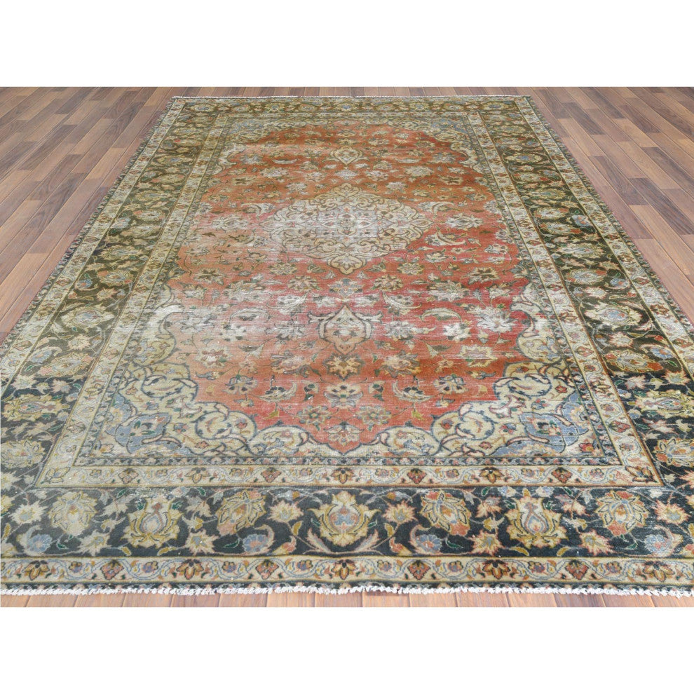 Apricot Color Worn Wool Hand Knotted Vintage Persian Kashan Rug 6'10" x 10'6"