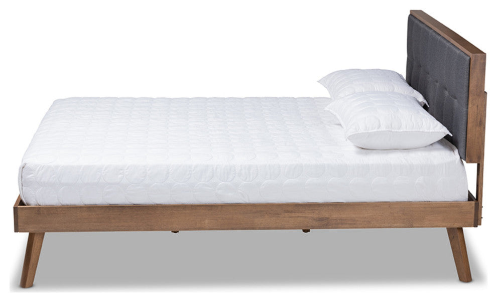 Gray Fabric Upholstered Walnut Brown Finished Wood King Size Platform Bed